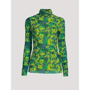 Ganni Painterly Print Turtleneck Top Mesh Blouse Womens XL Artsy Bold Retro